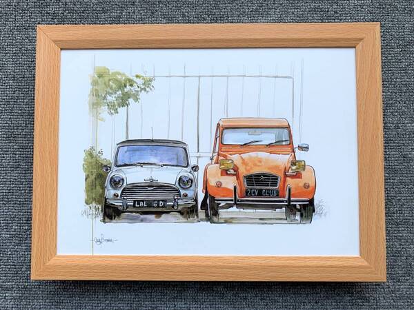 ■BOW。池田和弘『Mini & Citroen 2CV』B5サイズ 額入り 貴重イラスト 印刷物 ポスター風デザイン 額装品 アートフレーム インテリア 旧車