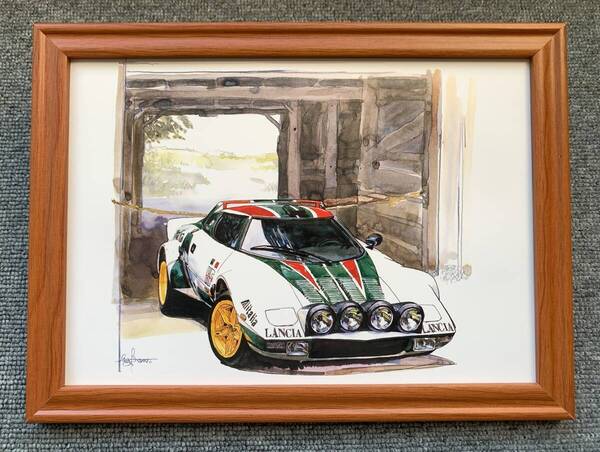 ■BOW。池田和弘『Lancia Stratos』B5サイズ額入り 貴重イラスト 印刷物 ポスター風デザイン 額装品 アートフレーム 旧車