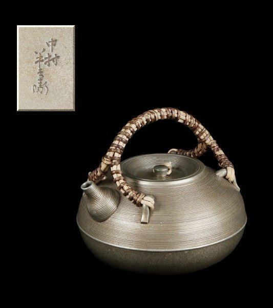 明治期薩摩 純正錫 山崎製造 金工細工『竹文』水注 急須 箱付
