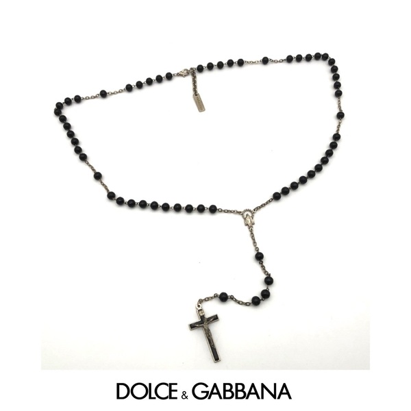 ドルチェアンドガッバーナ DOLCE&GABBANA バイカラー ネックレス ロザリオ シルバー ブラック 十字架 クロス イタリア製 美品 USED
