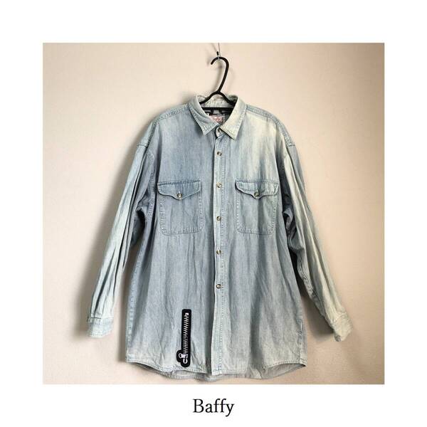 デニムシャツ ダンガリーシャツ Baffy バフィー アメカジ Yシャツ ワッペン メンズ 古着 L