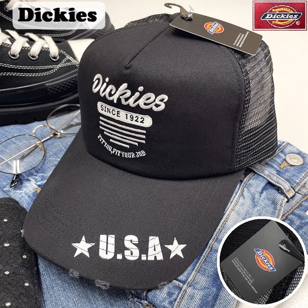 Dickies ブラック メッシュキャップ スポーツ ゴルフ バイク ミリタリー トラック キャンプ アウトドア野球帽子 ホワイト刺繍 ディッキーズ