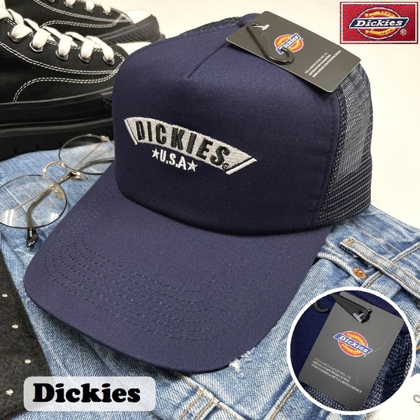 Dickies ネイビー メッシュキャップ スポーツ ゴルフ バイク トラック アウトドアキャンプ釣り 野球帽子ブラックホワイト刺繍 ディッキーズ