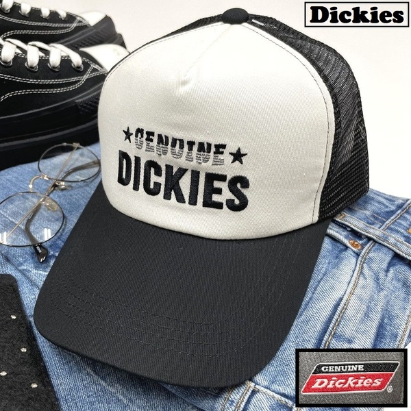 Dickies ホワイト×ブラック メッシュキャップ スポーツ ゴルフ バイク トラック アウトドアキャンプ野球帽子グレータグ 刺繍 ディッキーズ