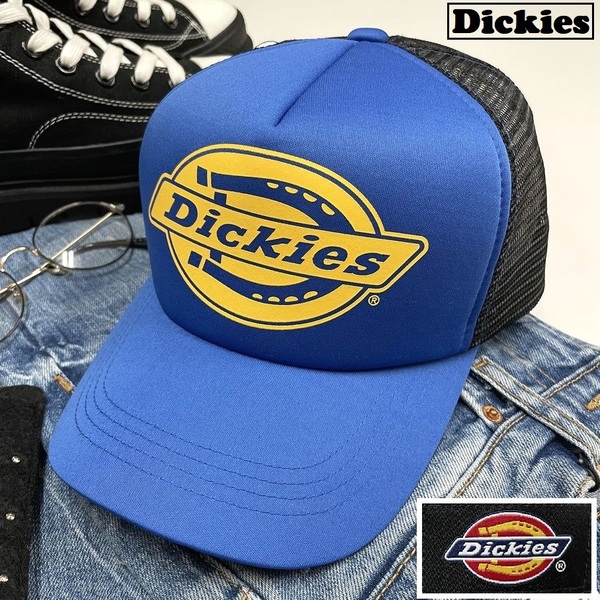 Dickies ブルー×ブラック メッシュキャップ スポーツ ゴルフ アウトドア キャンプ バイク釣りトラック野球帽子 イエローロゴ ディッキーズ