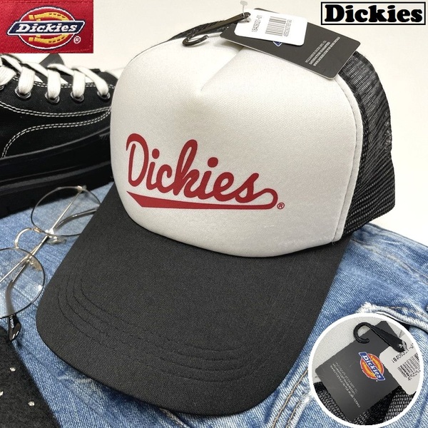 Dickies ホワイト×ブラック メッシュキャップ スポーツ ゴルフ バイク トラック キャンプ アウトドアタグ付きレッド野球帽子 ディッキーズ