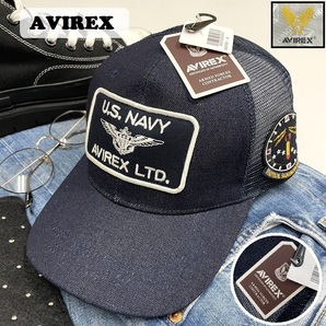 AVIREX ネイビー メッシュキャップ ワッペン アウトドア スポーツゴルフバイクミリタリートラック デニム生地 アビレックス アヴィレックス