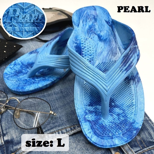 PEARL /L/ マーブルブルー ビーチサンダル 日本製 ビーサン アウトドアキャンプ釣り サーフィン プール ダイバー ロゴ春夏 ギョサン パール