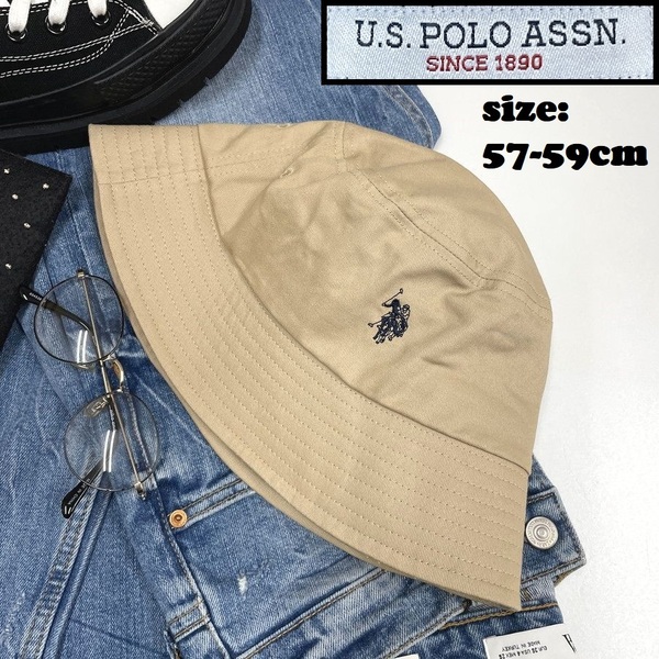 U.S. POLO ASSN. ベージュ バケットハット アウトドアキャンプ ゴルフ帽子 バイクオートバイ スポーツ ネイビーロゴ刺繍 ホワイトタグ ポロ
