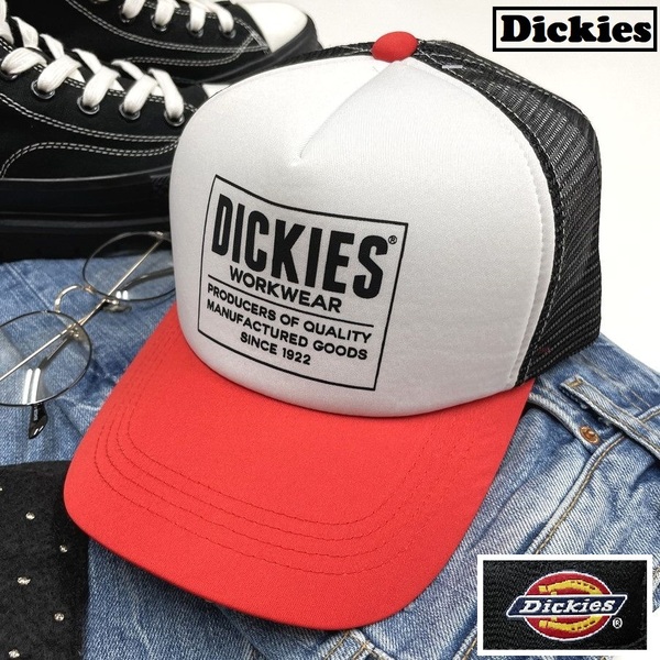 Dickies ホワイト×レッド×ブラック メッシュキャップ スポーツ ゴルフバイクトラックキャンプアウトドアオートバイ野球帽子 ディッキーズ