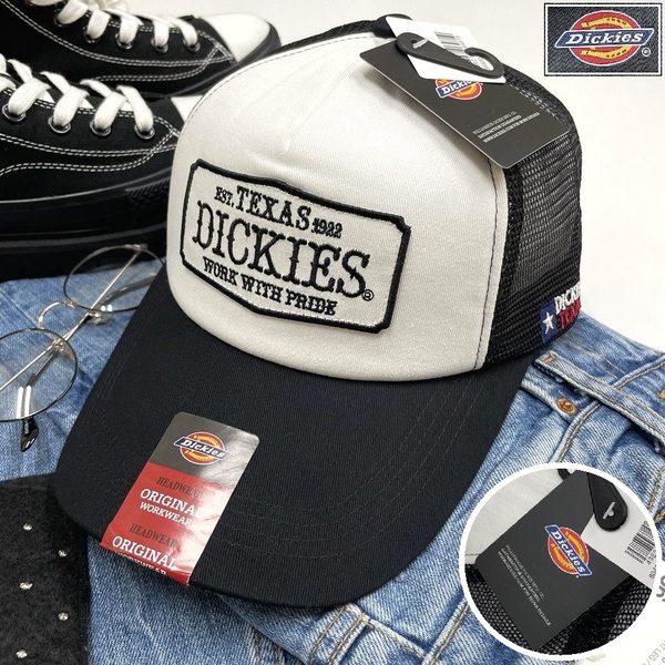 Dickies ホワイト×ブラック メッシュキャップ 刺繍 スポーツ ゴルフ バイク トラックキャンプアウトドアオートバイ 野球帽子 ディッキーズ