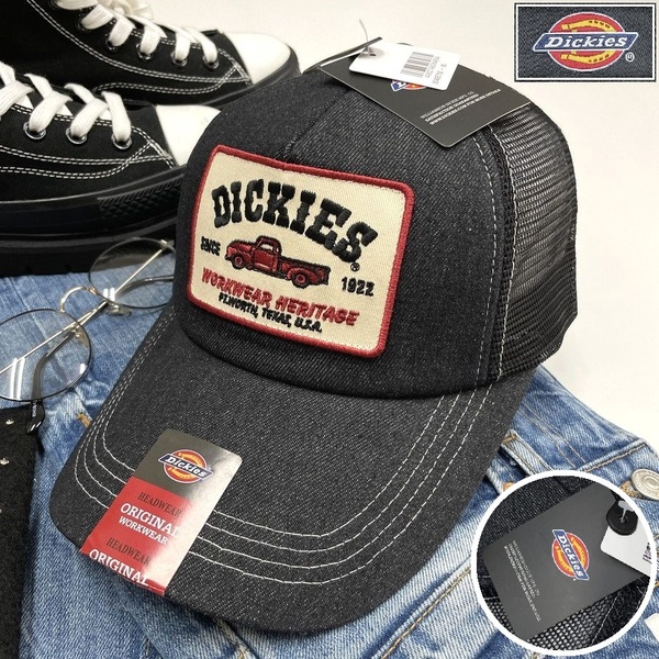 Dickies ブラック メッシュキャップ ワッペンスポーツゴルフバイクミリタリートラックキャンプアウトドアデニム生地 野球帽子 ディッキーズ