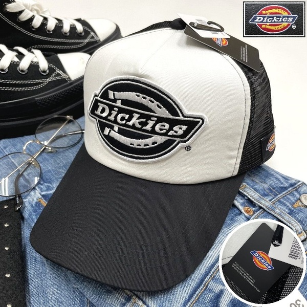 Dickies ホワイト×ブラック メッシュキャップ ワッペンスポーツゴルフバイクミリタリートラックキャンプアウトドア 野球帽子 ディッキーズ