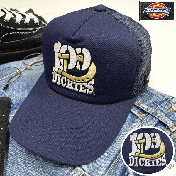 Dickies ネイビー メッシュキャップ 100thホワイト刺繍スポーツ ゴルフバイクオートバイトラックアウトドアキャンプ野球帽子 ディッキーズ