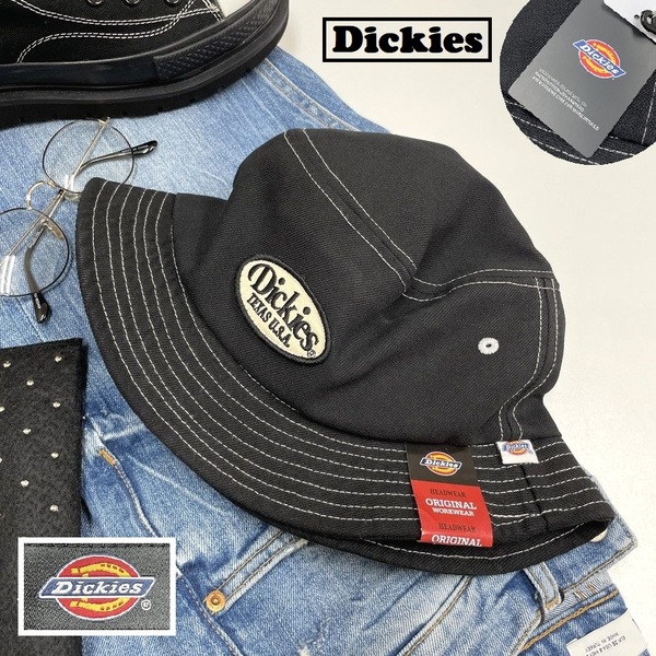 Dickies ブラック バケットハット ワッペン 帽子 スポーツ ゴルフ バイク ミリタリーキャンプ アウトドアオートバイ タグ付き ディッキーズ