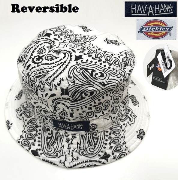 Dickies HAV-A-HANK ホワイト バケットハット アウトドアキャンプスポーツゴルフ帽子バイクコットン生地 ペイズリーワッペン ディッキーズ