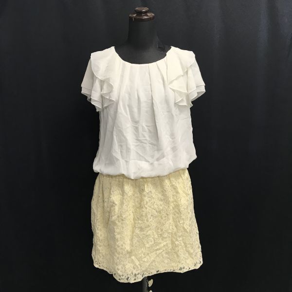 レストローズ/Lest Rose★ミニ丈/切り替えワンピース【size:2/M/白×黄/white×yellow/花柄】シフォン×レース/dress◆BH954