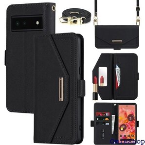 for Pixel 6A 手帳型ケース 縄掛け肩掛け斜 付き グーグル ピクセル6a 耐衝撃 肩縄付き-ブラック 1817
