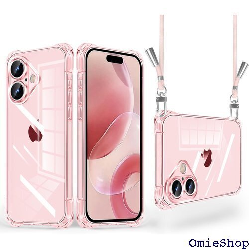 iPhone 16 用 ケース クリア ショルダー 調 型 軽量 ストラップ付き Qiワイヤレス充電対応 ピンク 2107