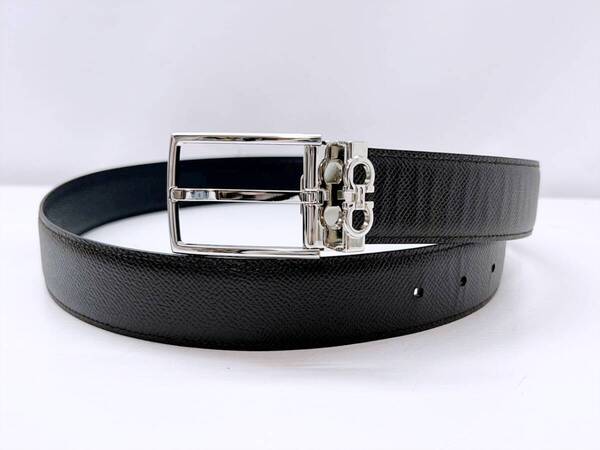 現行 美品 Salvatore Ferragamo フェラガモ ダブルガンチーニ スクエア レザー ベルト ブラウン 黒 シルバー カットあり