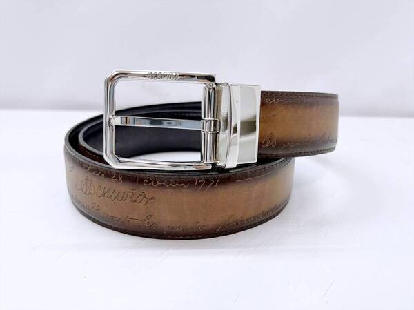 約77.5~87.5 良好品 Berluti ベルルッティ ヴァーサタイル スクリットレザー リバーシブルベルト ブラウン