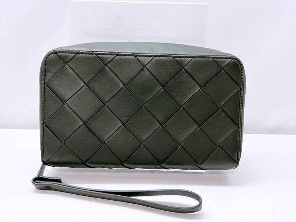 美品 Bottega Veneta ボッテガヴェネタ マキシイントレチャート リストレット セカンドバッグ トラベルポーチ カーキ RFID