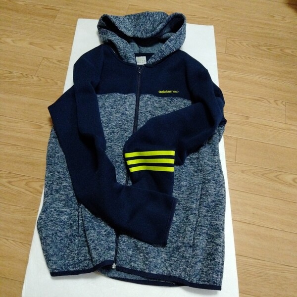 美品 アディダスネオ adidas neo パーカー ジップアップ 刺繍 切替 裏起毛 ネイビー L