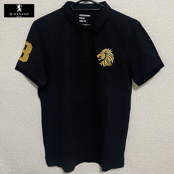送料無料 GIORDANO ジョルダーノ ポロシャツ 半袖 刺繍 ライオン ブラック M ゴルフ スポーツ ミリタリー アメカジ ヴィンテージ 古着