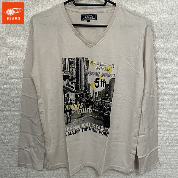 送料無料 BEAMS ビームス ロングスリーブ Tシャツ カットソー 長袖 ロンT ベージュ M アメカジ ワーク ストリート ヴィンテージ 古着