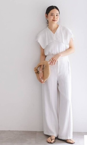 【美品】NOBLE ノーブル ファジーリネンロングサスペンダー2wayパンツ34 ファジーリネンスクエアケープブラウス イエナ IENA出店中