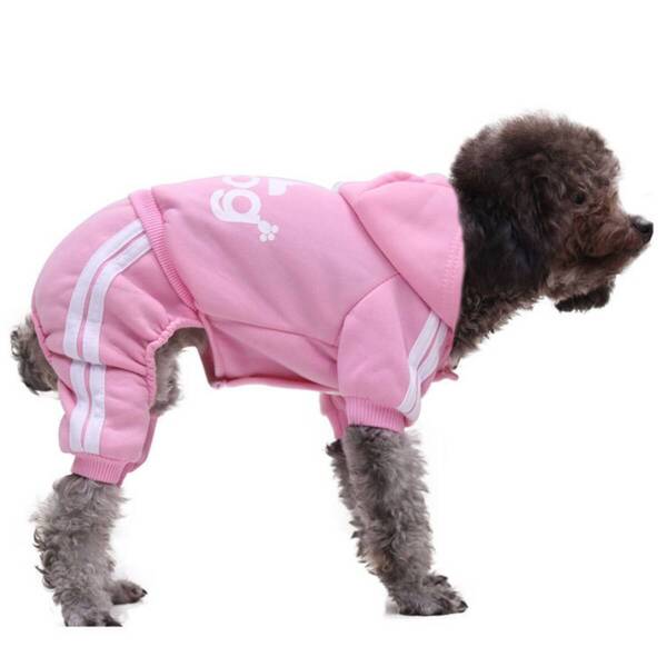 【新品】可愛い♪犬用スポーツウェア 4本足つなぎ服 フード付き ジャージ風 小型犬~中型犬 ピンク XSサイズ
