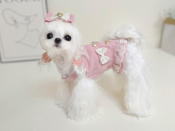 【新品】超可愛い♪小型犬用 ピンクレースワンピース リボン付き 犬服 撮影衣装 コスプレ ドレス XSサイズ