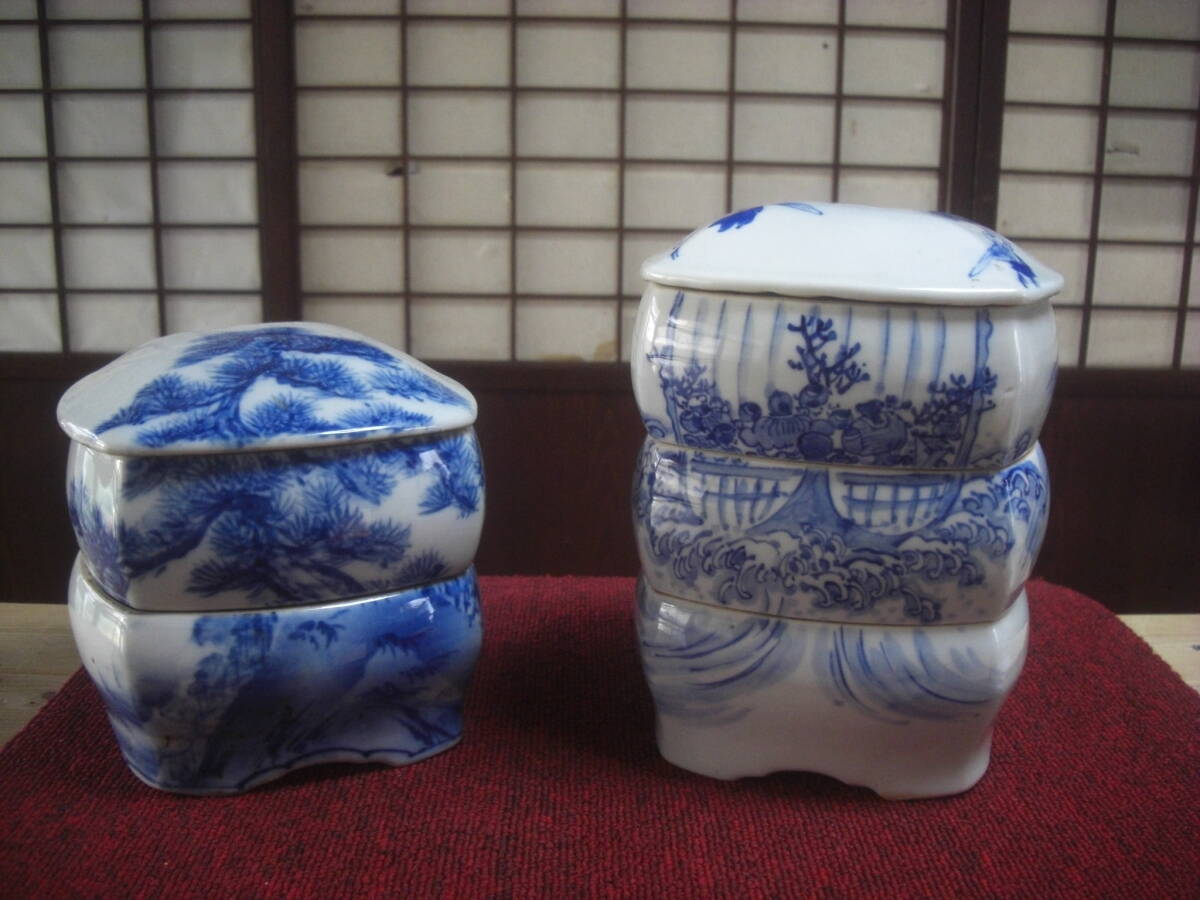 骨董品　染付 重箱 箱付 K様専用！骨董品 染付 重箱 三段重 丸型 陶器 お重 福 - メルカリ