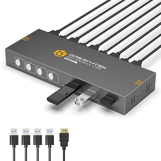 4K KVMスイッチ HDMI、フルUSB3.0ポート、4台のPCコンピュータが1台のモニタを共有、KVM 4入力 切替器、4K@60Hz対応、ドライバ不要、