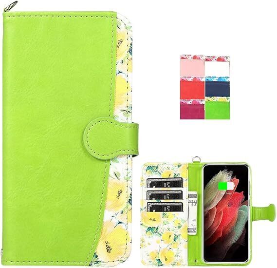 Galaxy S21 SC-51B SCG09 ケース 手帳型 花柄 FASY ギャラクシーS21手帳型ケース カバー docomo SC-51B au SCG09 スマホケース 花柄 /黄緑