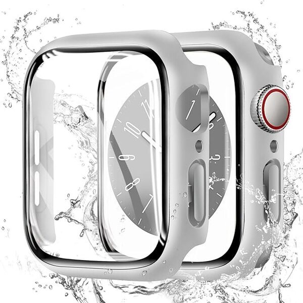 CAERMA for Apple Watch ケース Series 10/9/8/7/SE2/SE/6/5/4 44mm 超薄型 for アップルウォッチ カバー 防水 硬度9H強化ガラス シルバー