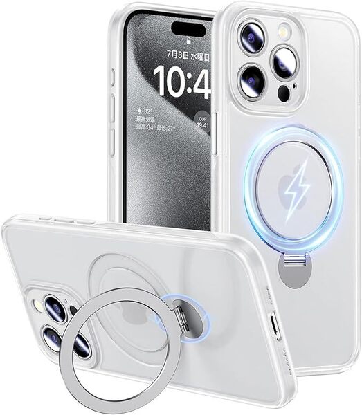 Magic John iPhone 15 Pro Maxケース 耐衝撃 スタンド付き 360°回転 滑り止め いphone15pro max ケース 半透明 カメラ保護