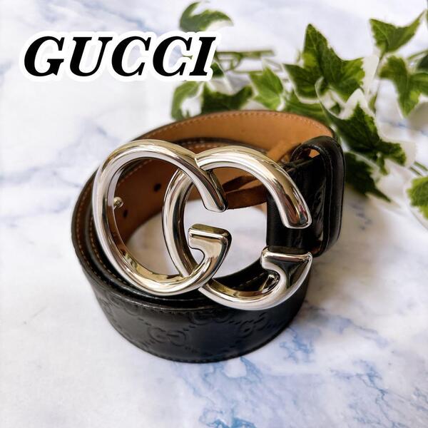 送料無料 希少 GUCCI グッチ メンズ ベルト GG マーモント シルバー金具 レザー ブラック 黒