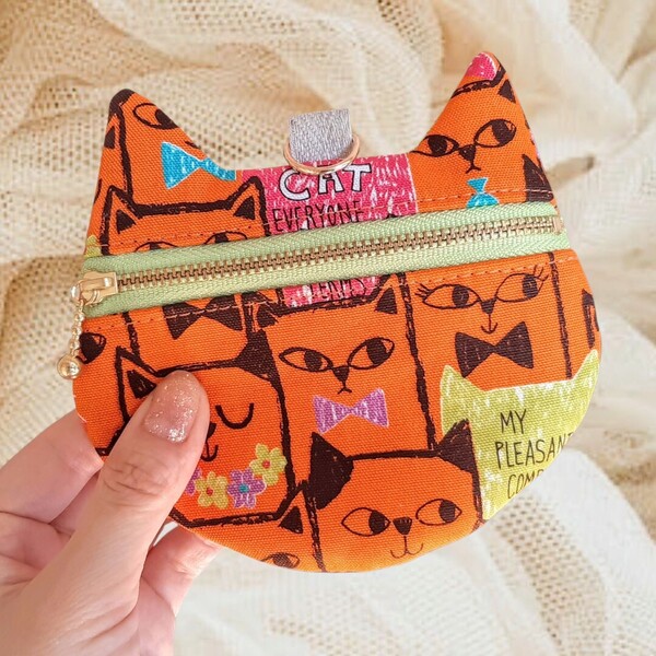 kirari 猫耳ポーチ ネコ柄 カード入れ 小銭入れ コインケース ハンドメイド 小物入れ ミニポーチ ポーチ オレンジ 派手色
