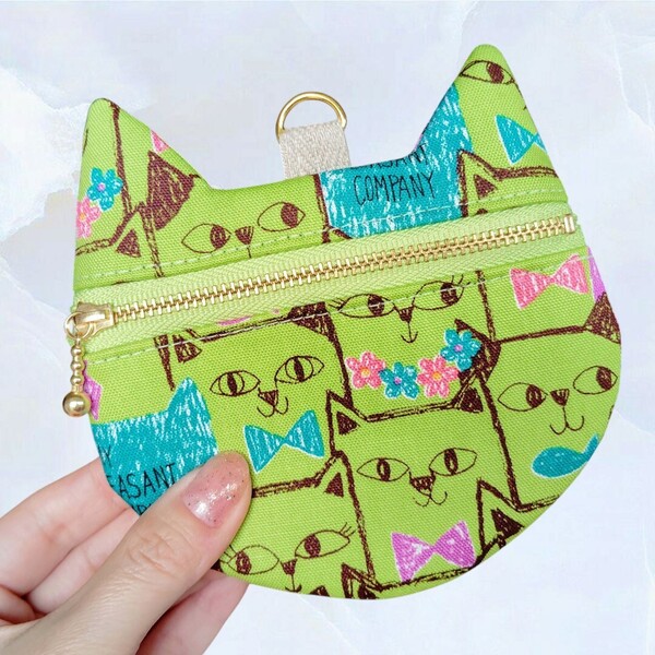 kirari 猫耳ポーチ ハンドメイド カード入れ 小銭入れ コインケース ファスナーポーチ ネコ 猫耳 猫柄 ねこ ライトグリーン 黄緑