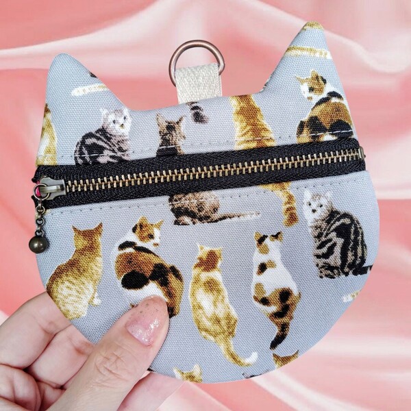 kirari 猫耳ポーチ ハンドメイド カード入れ 小銭入れ コインケース ファスナーポーチ ネコ 猫耳 猫柄 ねこ 薄グレー