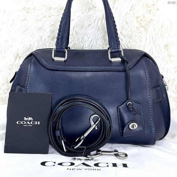 【極美品/カード付】COACH コーチ エース サッチェル 2way ハンドバッグ ショルダーバッグ レザー 斜め掛け ネイビー 紺 メンズ レディース