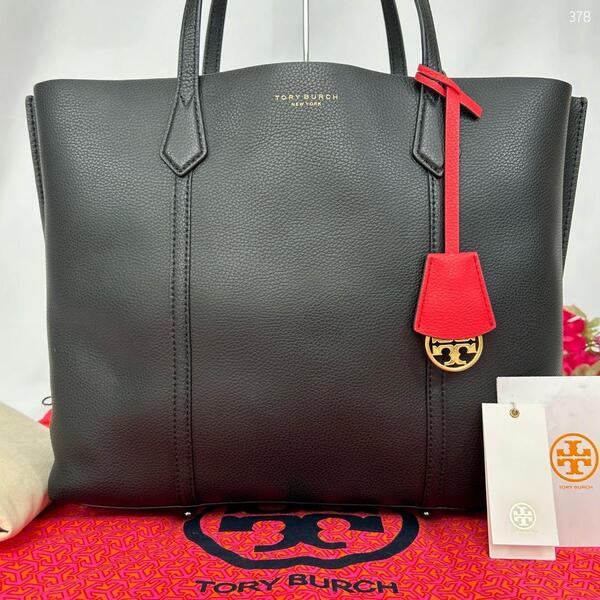 【極美品/保存袋】TORY BURCH トリーバーチ ペリー トートバッグ ビジネスバッグ レザー 肩掛け ブラック 黒 A4可 大容量 通勤 レディース