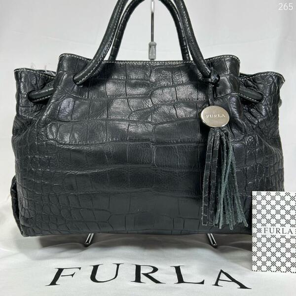 【極美品】FURLA フルラ ビジネスバッグ トートバッグ マザーズバッグ レザー クロコ型押し 手提げ ブラック 黒 A4可 通勤 レディース