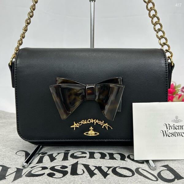【美品】Vivienne Westwood ヴィヴィアンウエストウッド ショルダーバッグ レザー オーブ リボン 斜め掛け ブラック 黒 レディース