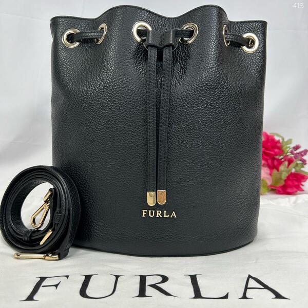 【未使用級】FURLA フルラ イヴ 巾着 ショルダーバッグ 巾着バッグ ミニバッグ レザー 斜め掛け 肩掛け ブラック 黒 レディース