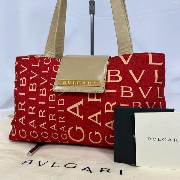 【美品】BVLGARI ブルガリ ハンドバッグ ビジネスバッグ ロゴマニア 総柄 レザー ナイロン 手持ち 肩掛け レッド 赤 通勤 レディース