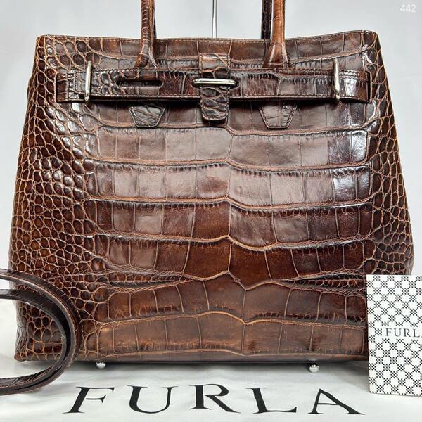【極美品】FURLA フルラ 2way ハンドバッグ ビジネスバッグ トートバッグ センター取り クロコ レザー ブラウン 茶 A4可 通勤 レディース