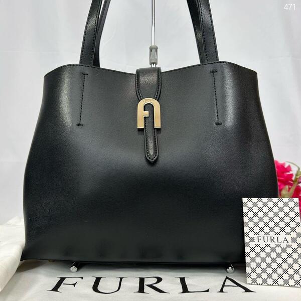 【未使用級/現行に近い/保存袋付】FURLA フルラ ソフィア トートバッグ ハンドバッグ レザー 手提げ 手持ち ブラック 黒 レディース