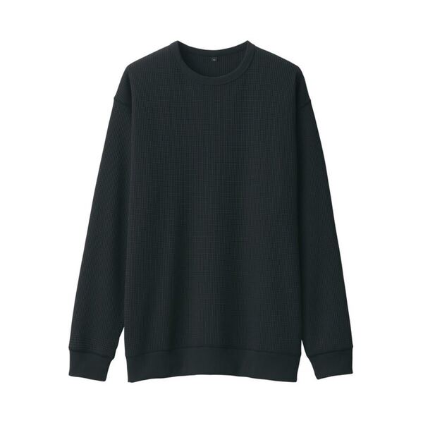 無印良品 UVカット乾きやすいワッフルクルーネック長袖Tシャツ紳士L・黒